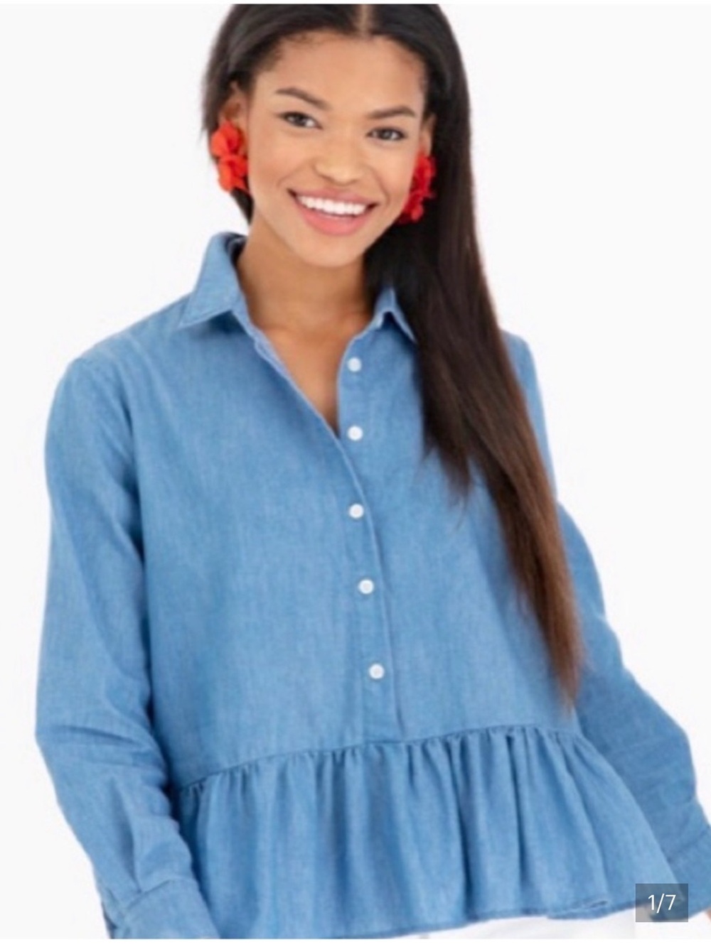 Pomander Place Light Blue Denim Peplum Button-Down Shirt M